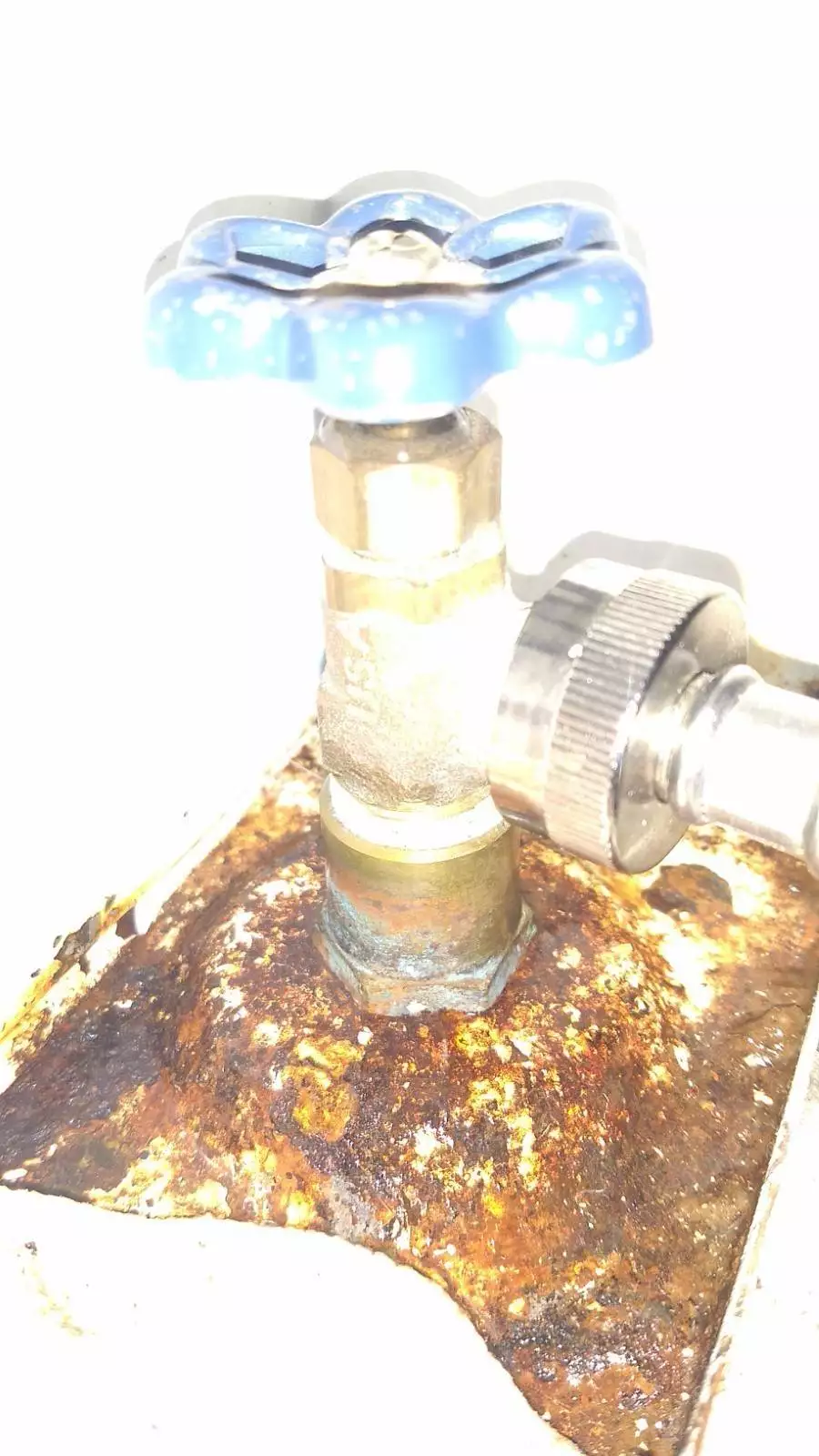 hot water shut-off valve on a rusted mount